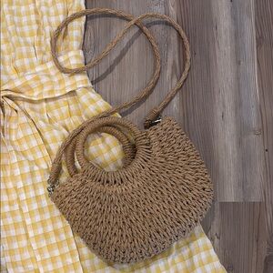 Elegant Tan Straw Woven Crossbody Bag
